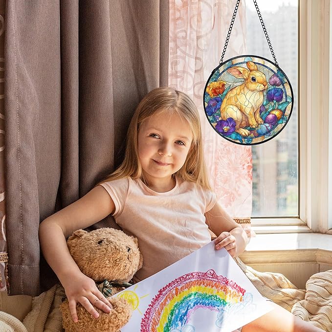Easter Bunny Suncatcher Stained Glass Window Hanging, Bunny Rabbit Flower Sun Catchers Indoor Window Glass Wall Art Decor, Easter Wall Hanging Decor Decorations, 7.9x7.9 Inch