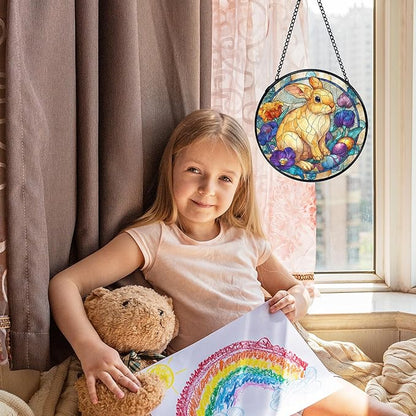 Easter Bunny Suncatcher Stained Glass Window Hanging, Bunny Rabbit Flower Sun Catchers Indoor Window Glass Wall Art Decor, Easter Wall Hanging Decor Decorations, 7.9x7.9 Inch