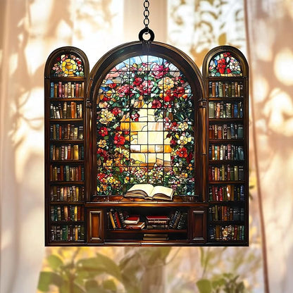 Library Acrylic Suncatcher Bookshelf Sun Catchers Indoor Windown Suncatchers for Windows Hanging Christmas Suncatchers Window Decor Outdoor Suncatcher