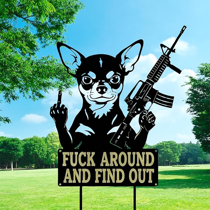 F Around & Find Out Dog Sentry Metal Dogs Silhouette Garden Stake with Middle Finger &Weapon Sign, FAFO Security Sign Middle Finger Dog Statue Decor for Outdoor Yard Patio (Chihuahua, 8 * 16")