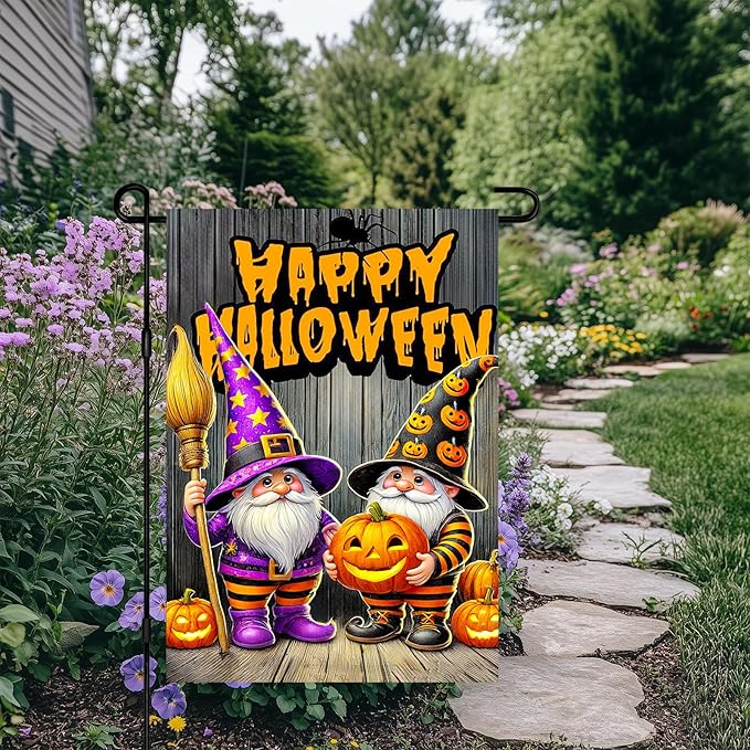 BlissYard Halloween Horror Garden Flag 12x18 Inch Pumpkin Gnome Happy Halloween Flag Lantern Flames Outdoor Yard Decor House Banner Porch Lawn Patio Home Decoration