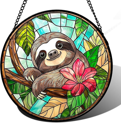 Stained Glass Window Hanging, Cute Sloth Sun Catcher for Door Home Decor Animal Suncatcher Christmas Mother's Day Birthday Gifts for Women Men Mom and Nana 15 in