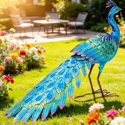 23" H Metal Peacock Yard Decor - Handmade Oversize Peacock Sculptures with Stable Ground Stakes, Backyard Decoration, Metal Garden Art