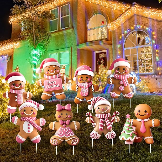 8 Pcs Christmas Gingerbread Man Yard Signs with Stakes Outdoor 3D Gingerbread House Decoration Xmas Yard Stakes Lawn Signs for Christmas Holiday Pathway Garden Patio Party Favors (Elegant)