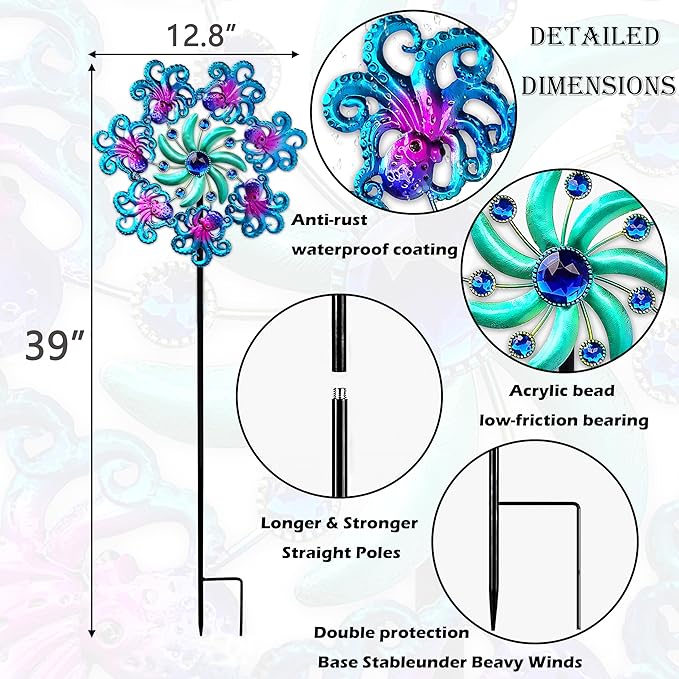 COOZZYHOUR 39" Octopus Wind Spinners for Yard and Garden Stake,Ocean Theme Outdoor Decor - Metal Windmill, Wind Sculpture Decorations for Patio,Lawn