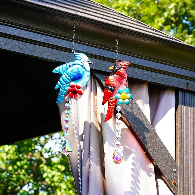 Cardinal and Blue Jay Suncatchers, Stained Glass Birds Hanging Ornament for Christmas Windows, Crystal Bird Sun Catcher Outdoor Decor