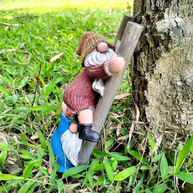 Funny Climbing Ladder Gnome Tree Hugger Decor, Garden Sculpture Decoration Elf Out The Door, Yard Ornament Resin Statue Outdoor Decor for Patio Lawn