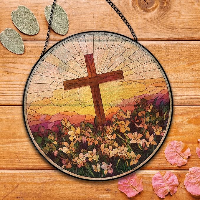 Cross Flower Suncatcher Stained Glass Window Hanging, Wildflower Cross Sun Catchers Indoor Window Glass Round Wall Decor, Religious Wall Art Hanging Decorations, 7.8＂x7.8＂