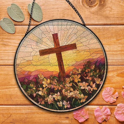 Cross Flower Suncatcher Stained Glass Window Hanging, Wildflower Cross Sun Catchers Indoor Window Glass Round Wall Decor, Religious Wall Art Hanging Decorations, 7.8＂x7.8＂