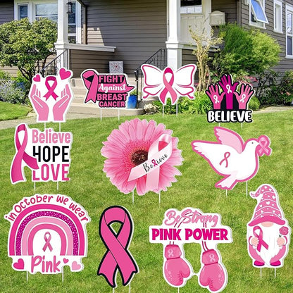 Amyhill 12 Pcs Breast Cancer Awareness Yard Signs Decoration for Outdoor Pink Ribbon Garden Lawn Signs with Stakes Waterproof Decor Gifts for Women Festive Holiday Party Patio Lawn Walkway Decoration