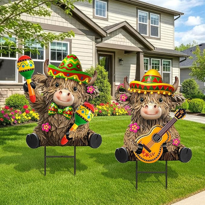 Amyhill 2 Pcs Mexican Fiesta Metal Outdoor Decor Cinco De Mayo Garden Stakes Highland Cow Welcome Yard Signs Decorations Garden Stakes for Mexican Western Cowboy Patio Lawn Walkway Outside Decor
