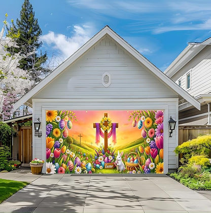 Easter Garage Door Banner 157.5x70.9in Large Spring Garage Door Cover Bunny Floral Outdoor Decorations for House Exterior Party Decor with Grommets Rope