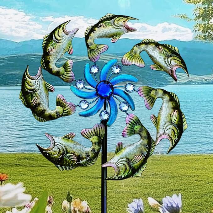 58" Metal Green Fish Wind Spinners Garden Stake -Ocean Theme Windmill Outdoor Decorations, Colorful Garden Wind Spinner Outside Decor, Wind Sculptures Lawn Decor for Yard Patio, Backyard