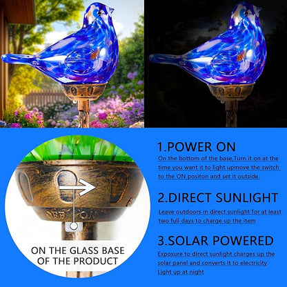 Solar Bird Garden Stake Lights - Hand Blown Glass Decorative Garden Pathway Lights Outdoor Waterproof Bird Glass Stakes (Dark Blue)