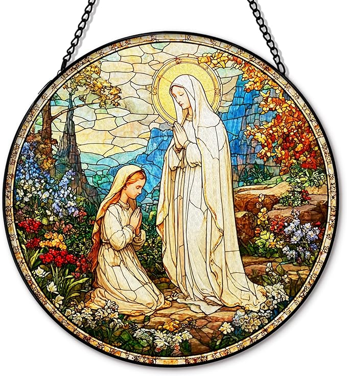 Virgin Mary Religious Suncatcher Garden Stained Glass Window Hanging, Our Lady of Grace Sun Catchers Indoor Window Glass Round Wall Decor, Religious Wall Art Hanging Decorations, ＂7.8x7.8＂