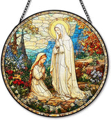 Virgin Mary Religious Suncatcher Garden Stained Glass Window Hanging, Our Lady of Grace Sun Catchers Indoor Window Glass Round Wall Decor, Religious Wall Art Hanging Decorations, ＂7.8x7.8＂