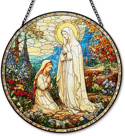 Virgin Mary Religious Suncatcher Garden Stained Glass Window Hanging, Our Lady of Grace Sun Catchers Indoor Window Glass Round Wall Decor, Religious Wall Art Hanging Decorations, ＂7.8x7.8＂