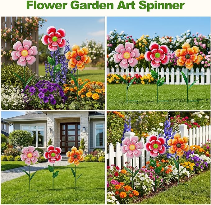 3pcs Flowers Yard Wind Spinners Outdoor Decoration Stakes Lawn Ornaments, Lawn Decorations Garden Stakes, Metal Outside Decorations for Metal Yard Art Flower Garden Decor, Spring Mom Gifts