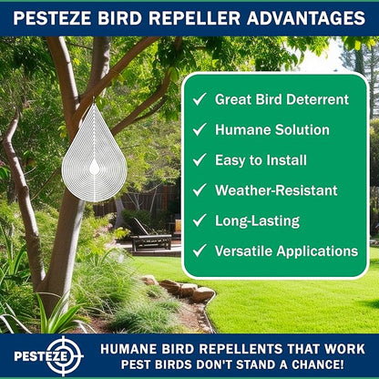 PESTEZE USA Water Droplet Wind Spinner, 4×9.25 Stainless Steel Highly Reflective Outdoor Hanging Spinner for Bird Deterrent, Garden & Yard Decor, Resistant Metal Art with 360° Wind Motion Easy Install