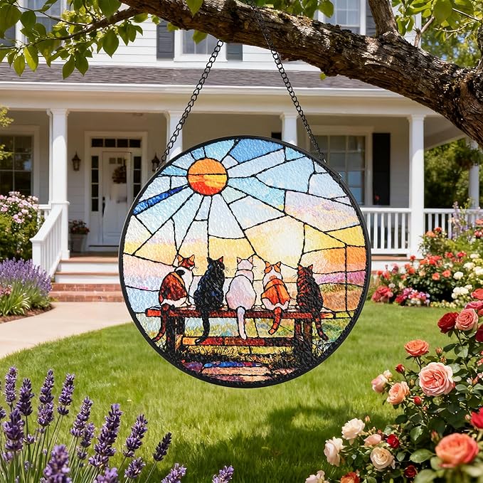 Stained Glass Window Hanging, Cat and Sunset Circular Painted Glass Suncatcher with Chain & Suction Cup for Home Garden Door Decor, Birthday for Women Men Mom 7.8 in