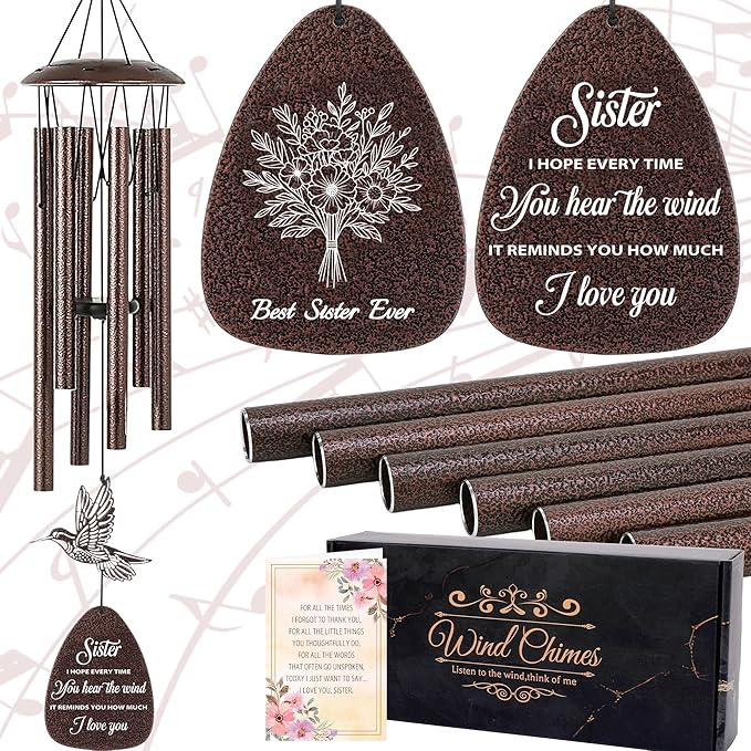 Sister Gifts Wind Chimes - Waterproof Hummingbird Windchimes Decor with Greeting Card Indoor Outdoor Garden Patio Yard Home Hanging Appreciation Christmas New Year Birthday Gift for Sisters