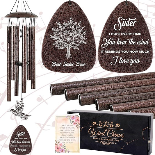 Sister Gifts Wind Chimes - Waterproof Hummingbird Windchimes Decor with Greeting Card Indoor Outdoor Garden Patio Yard Home Hanging Appreciation Christmas New Year Birthday Gift for Sisters