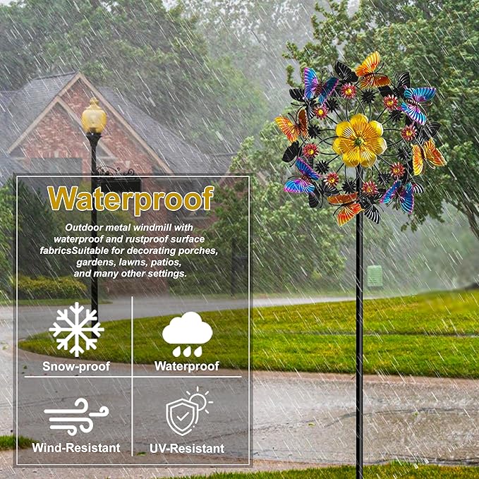 Double Blade Butterfly Wind Spinners, Outdoor Garden 360° Swivel Spinners 50 inch Garden Stakes Decor, Metal Flower Pinwheels for Yard and Lawn