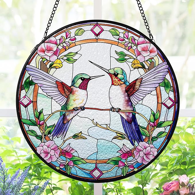 AELS Stained Glass 7.87" Round Suncatcher, Colorful Sun Catcher for Home Garden Window Decor, Window Hanging Ornament Gift for Friends and Family, Pink Feathered Hummingbird