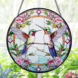 AELS Stained Glass 7.87" Round Suncatcher, Colorful Sun Catcher for Home Garden Window Decor, Window Hanging Ornament Gift for Friends and Family, Pink Feathered Hummingbird