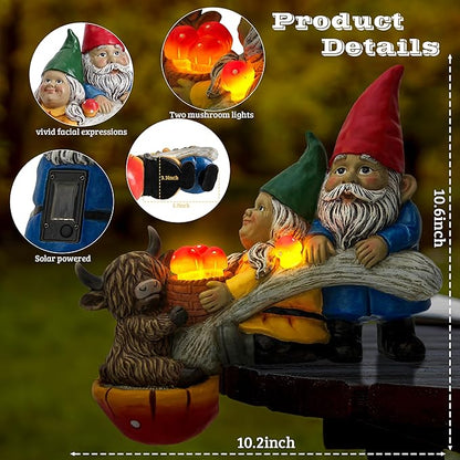 Garden Gnomes and Highland Cow Statue with Mushroom Solar Light, Couple Gnome Figurine for Outdoor Patio Lawn Porch Yard Edge Shelf Sitter Decoration, Garden Knome Holiday Indoor Decor, Love Gift