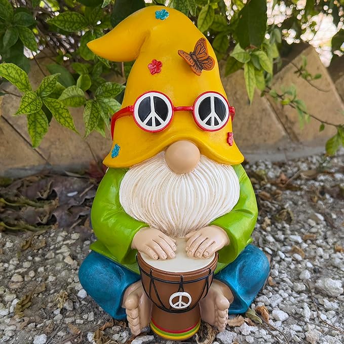 Mood Lab Garden Gnome - Hippie Drummer Gnome Figurine - 9.1 Inch Tall Funny Lawn Statue - for Outdoor or House Decor