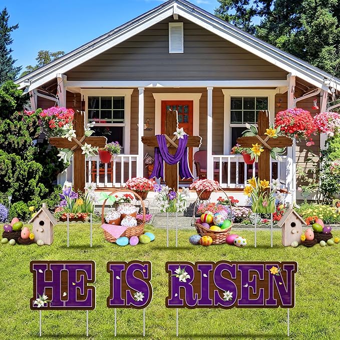 Menkxi 14 Pcs Easter Large Yard Sign Holiday Outdoor Lawn Decorations Religious He Is Risen Easter Yard Decor with Stakes Spring Cross Sign for Lawn Pathway Garden Christian Holiday Party Decor