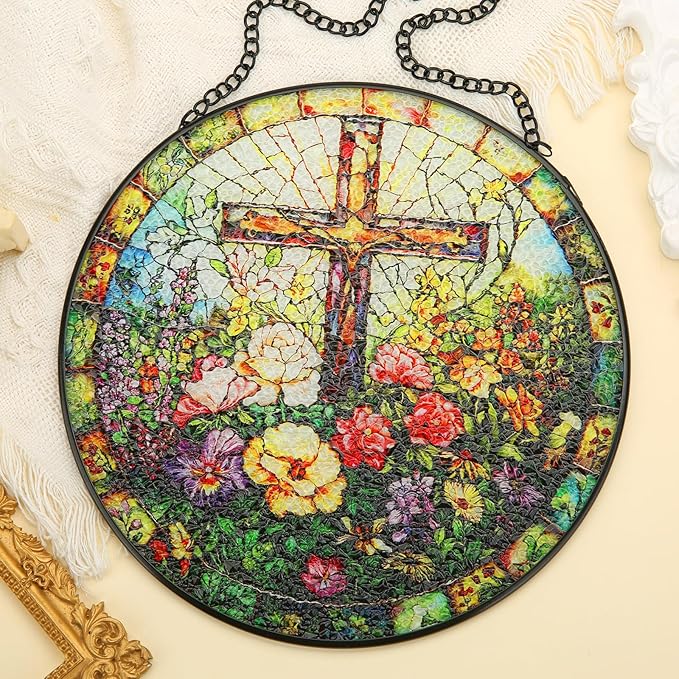 Stained Glass Window Hanging, 8inch Stained Glass Cross Suncatcher Christian Decor for Home Kitchen Office Garden Birthday Mother's Day Easter Religious Gifts for Women Grandma Grandparents