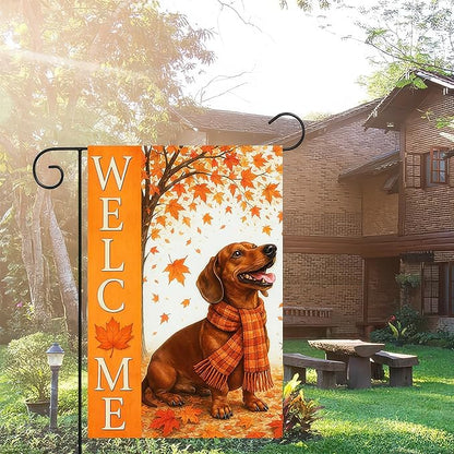 BlissYard Thanksgiving Fall Garden Flag 12x18 Inch Welcome Dachshund Outdoor Flag Double Sided Autumn Yard Banner with Dog and Maple Leaves for Porch Lawn Patio Seasonal Decor