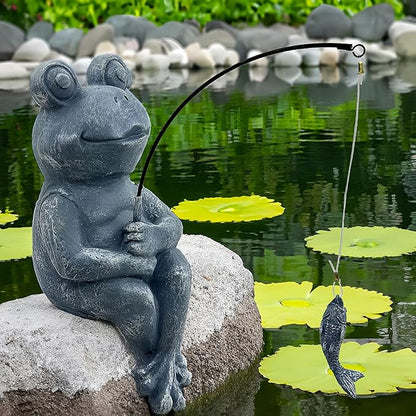 Teaeeno Cute Frog Decor Statue,Frog Fisher for Garden Pond Decor,Animal Fishing Sculpture,Pond Accessories Decor,Poolside Statues,Perfect for Gardens Pond,Lakefront,Forg Decor Outdoor