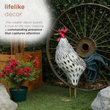 Alpine Corporation 28" Tall Outdoor Metal Feathered Rooster Statue with Vibrant Design, Garden Decor, White/Black