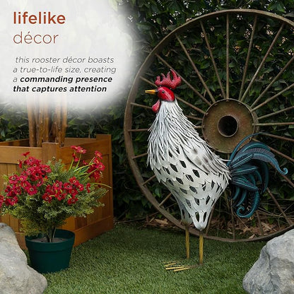 Alpine Corporation 28" Tall Outdoor Metal Feathered Rooster Statue with Vibrant Design, Garden Decor, White/Black