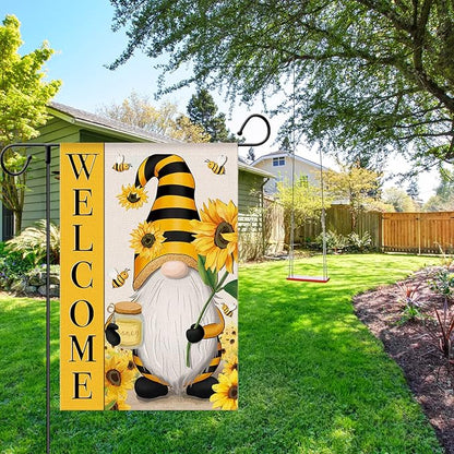 Welcome Spring Summer Garden Flag Sunflower Gnome Floral Bee Flag, 12 x 18 Inch Vertical Double Sided Burlap Banner for Outdoor Seasonal Decoration