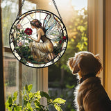 Stained Glass Window Hanging - Butterfly Flower Fairy Suncatcher for Door Terrace Garden Home Decor Yellow Green Plants Sun Catcher Birthday Gifts for Lovers Women Men Dad Mom Nana 9.8 in
