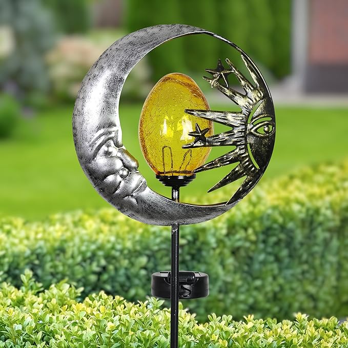 Exhart Garden Stake, Sun and Moon Solar Garden Sculpture, LED Amber Crackle Glass Orb, Silver Metal Outdoor Lawn Decor and Yard Art, 8.5 x 3 x 38 Inch