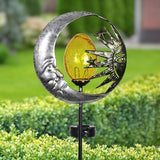 Exhart Garden Stake, Sun and Moon Solar Garden Sculpture, LED Amber Crackle Glass Orb, Silver Metal Outdoor Lawn Decor and Yard Art, 8.5 x 3 x 38 Inch