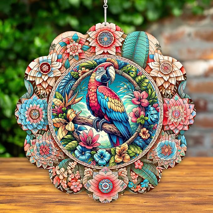 12 Inch 3D Kinetic Wind Spinner for Garden and Yard, Laser-Cut Stainless Steel, Mesmerizing Hanging Decor for Outdoor Patio & Indoor, Vivid Macaw-01