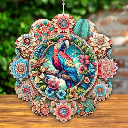 12 Inch 3D Kinetic Wind Spinner for Garden and Yard, Laser-Cut Stainless Steel, Mesmerizing Hanging Decor for Outdoor Patio & Indoor, Vivid Macaw-01