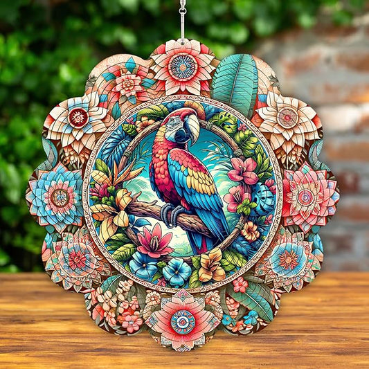 12 Inch 3D Kinetic Wind Spinner for Garden and Yard, Laser-Cut Stainless Steel, Mesmerizing Hanging Decor for Outdoor Patio & Indoor, Vivid Macaw-01