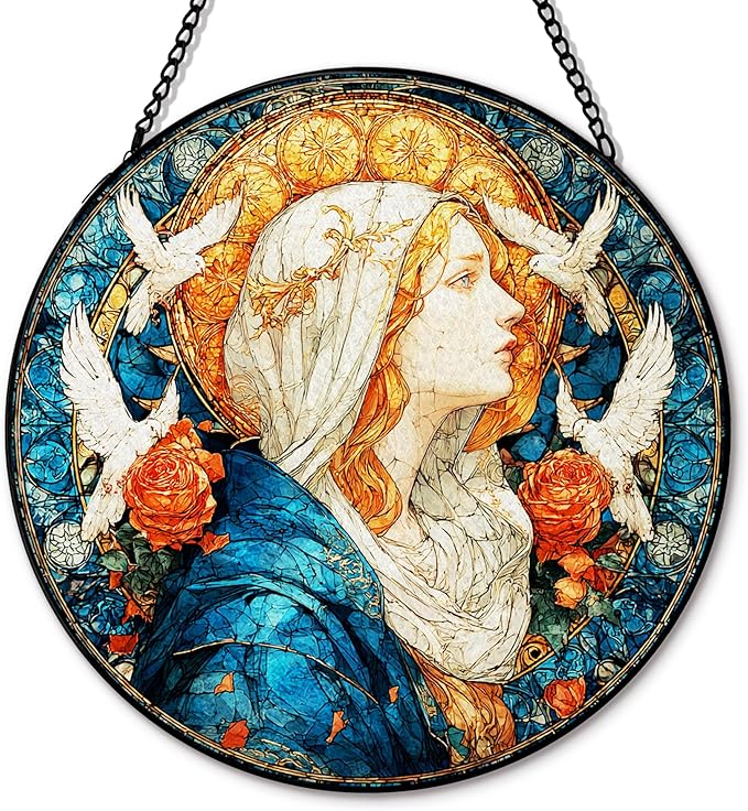 Christian Virgin Mary Suncatcher Garden Stained Glass Window Hanging, Our Lady of Grace Sun Catchers Indoor Window Glass Round Wall Decor, Religious Wall Art Hanging Decorations, ＂7.8x7.8＂