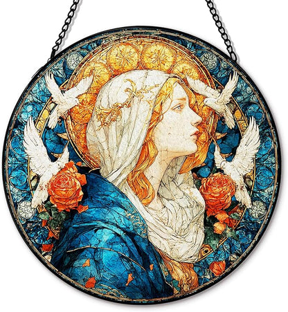 Christian Virgin Mary Suncatcher Garden Stained Glass Window Hanging, Our Lady of Grace Sun Catchers Indoor Window Glass Round Wall Decor, Religious Wall Art Hanging Decorations, ＂7.8x7.8＂