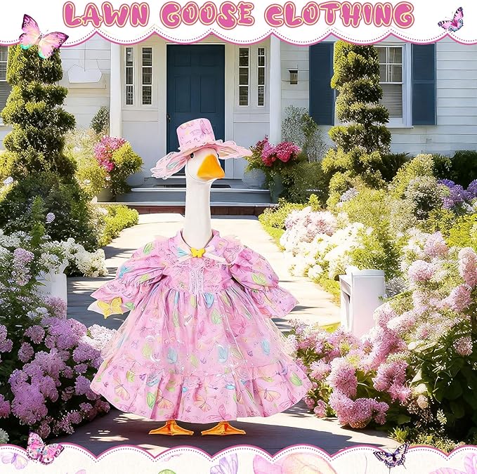 FuWeave Spring Goose Outfit Fancy Dress Butterfly Porch Goose Clothes for 23" Large Statue Outdoor Patio Yard Lawn Art Decoration