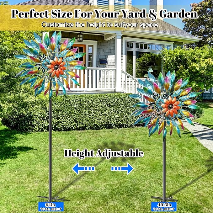 64in Wind Spinners Outdoor, Garden Wind Spinner Windmill with 5 Prong Base Stand, Metal Pinwheels for Yard Lawn Yard Art Outdoor Decor(A-Colorful)