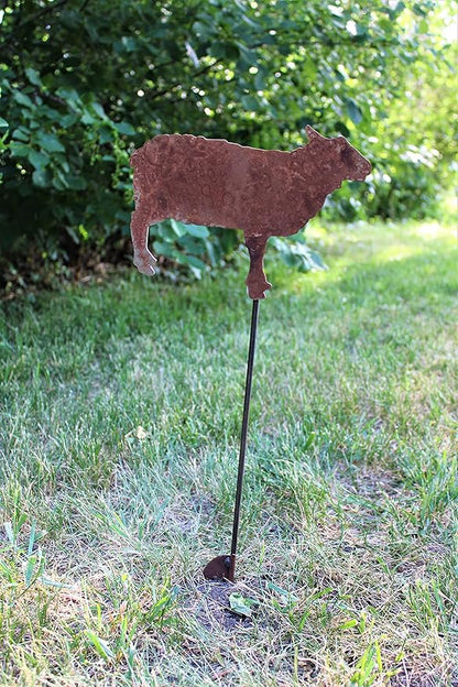 Pets and Farm Animals Metal Garden Landscape Stake (9" Wide Sheep on Stake, Naturally Rusted)
