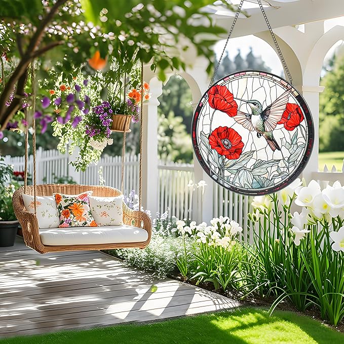 Stained Glass Window Hanging, Hummingbird and Red Flowers Sun Catcher for Door Garden Kitchen Home Decor, Suncatchers for Christmas Mother's Day Birthday Gifts for Bird Lovers Women Men Mom 7.8 in